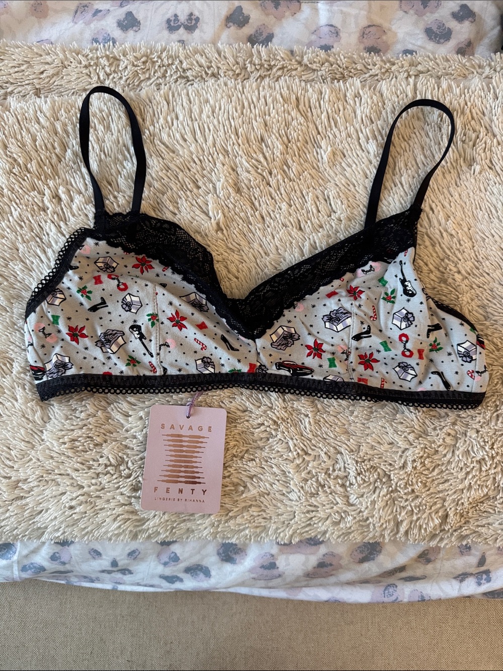 Savage X Fenty White Holiday Print Triangle Bralette with Black Lace